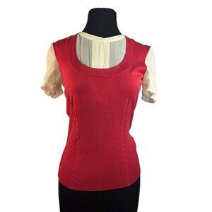 Worthington Women's Size Medium Red Knit Top With Sheer Sleeves & Button Accents